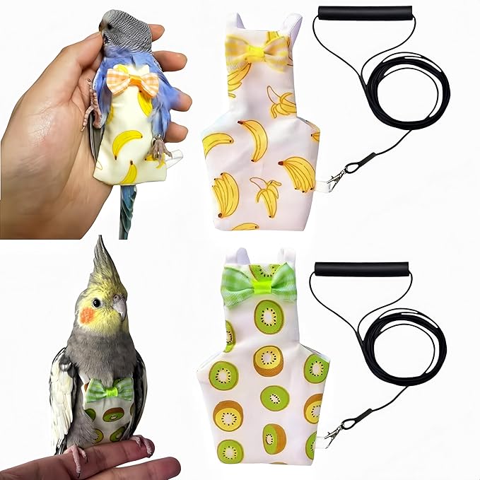 2Pcs Bird Diapers Bird Harness Flight Suits Diapers with 2Pcs 80 Inch Flying Leash Parrot Nappy Pigeon Pants Urine Wet Suit Costume for Cockatiel Conure Macaw Budgies Parakeet-Kiwi&Banana