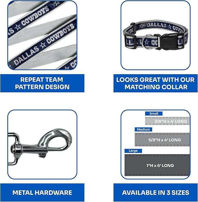 NFL PET Dallas Cowboys Dog Leash, Small Football Team Leash for Dogs & Cats - Shiny & Colorful, Licensed by The NFL