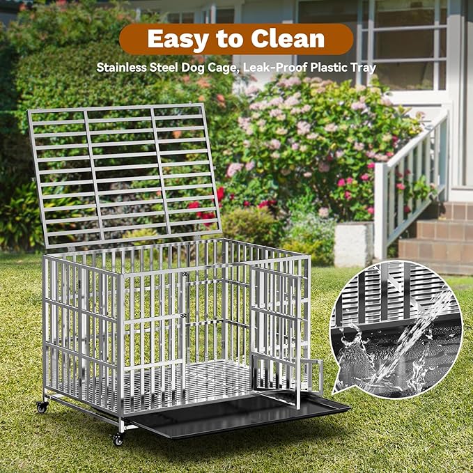 48" Heavy Duty Dog Crate, Escape Proof XL Stainless Steel Dog Kennel with Top Opening, 4 Lockable Wheels, Easy Clean Metal Dog Cage for Large/High Anxiety Dogs