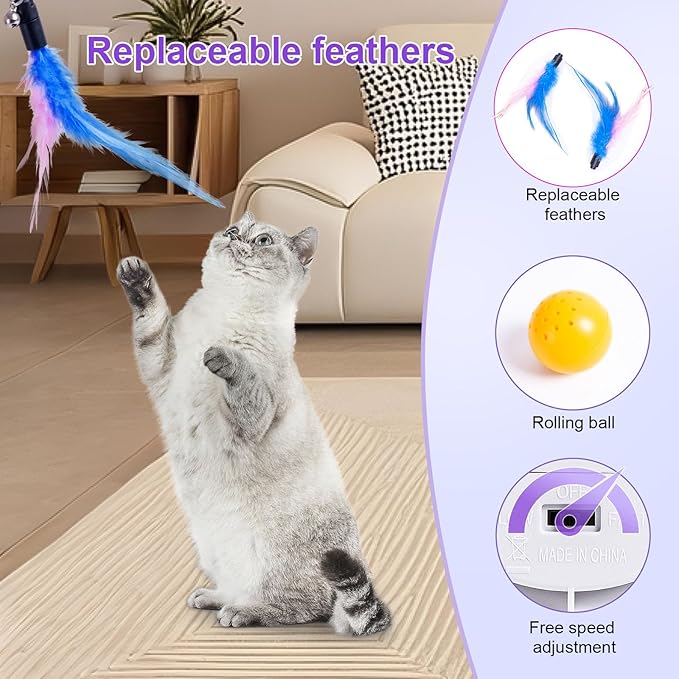 Cat Toys, Interactive Cat Toy for Indoor Cats, Automatic Interactive Kitten Toy, Fluttering Feather, Track Balls, Rotating Track Feather Enrichment Kitty Toys for Multi-cat Family (Purple)