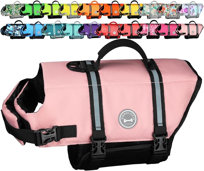 VIVAGLORY Rip Stop Dog Life Vest, Swimming Vest with Handle, Buoyancy for Doggy Puppy, Dog Life Jacket for Swimming & Boating, XXS, Sakura Pink