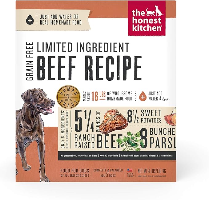 The Honest Kitchen Human Grade Dehydrated Dog Food, Limited Ingredient Beef Dog Food, 4 lb Box