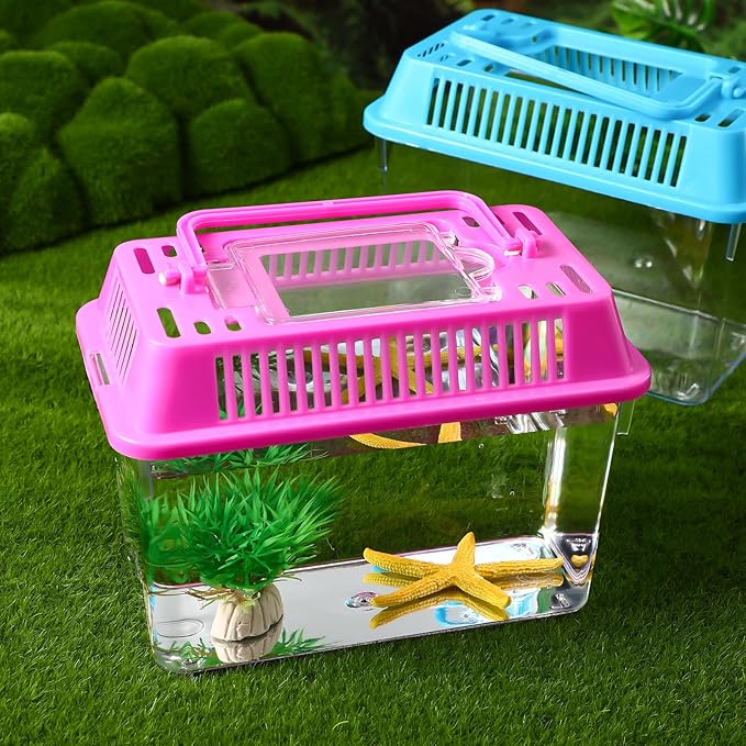 4Pcs Portable Fish Tank with Handle, 5.9-Inch Small Plastic Reptile Carrier for Travel, Transparent Critter Keeper for Betta Fish, Turtles & Hamsters, Mini Pet Habitat Breeding Box