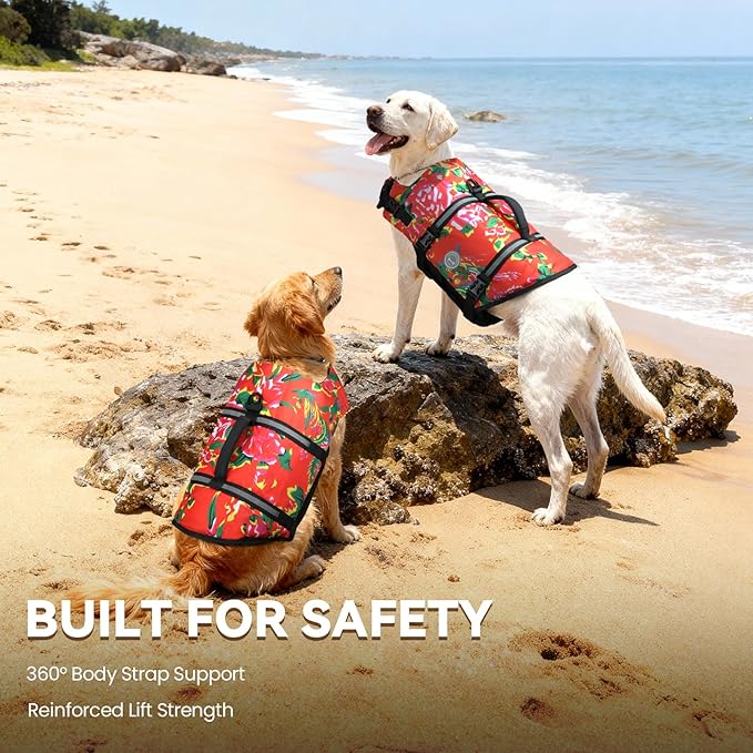 VIVAGLORY Rip Stop Dog Life Vest, Swimming Vest with Handle, Buoyancy for Doggy Puppy, Dog Life Jacket for Swimming & Boating, L, Northeast Florals-Red