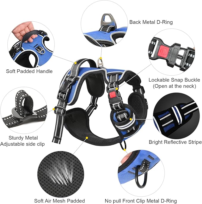 Timos Dog Harness for Medium Dogs, No Pull Service Vest with Reflective Strips and Control Handle,No Choke Dog Harness with 2 Metal Rings for Easy Walking,Outdoor Training,Blue, M