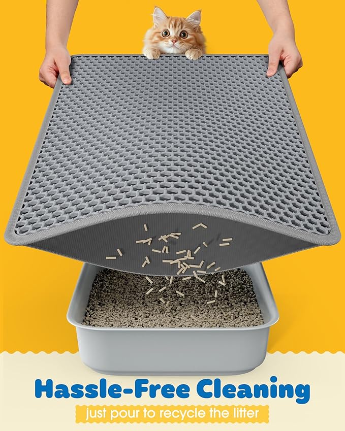 27" x 19" Cat Litter Mat - Ultra-Large Litter Box Mat with Double Layers, Urine-Proof and Non-Slip Litter Trapping Mat, Easy to Clean Kitty Litter Mats for Floor, Scatter Control, Grey