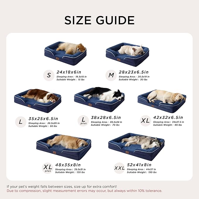 Bedsure Orthopedic Dog Beds Large Sized Dog - Washable Large Dog Cat Bed Waterproof, Comfort Dogs Couch Sofa with Washable Removable Cover, Pet Bed with Nonskid Bottom, Blue Navy, 35"