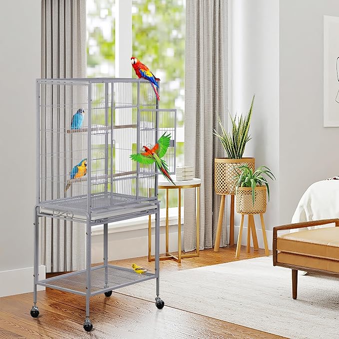 53 Inch Height Wrought Iron Standing Parrot Large Flight Bird Cage with Rolling Stand Birdcages for Parakeet Cockatiel Conure Lovebird Finch, White
