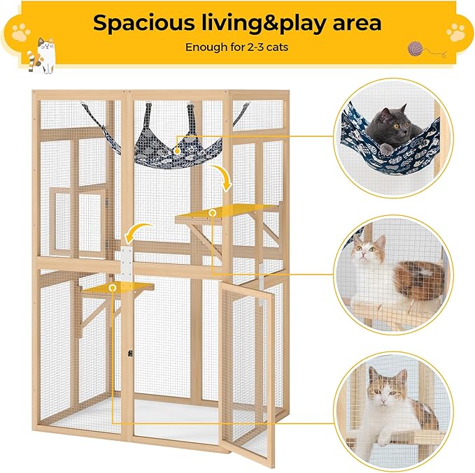 COZIWOW Catio Outdoor Cat Enclosure Window Access, Wooden Cat House Shelter, Kitty Cage with Hammock for Patio Indoor (Wood)