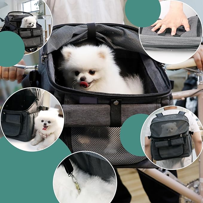 Dog Bike Basket, 12.5 x 11.4 x 15.3 Inches Bike Basket Front Dog Carrier, Expandable Foldable Soft-Sided Dogs Carrier, Universal Fit Cat Dogs Pet Bikes Baskets for Travelling, Camping, Walking (Gray)