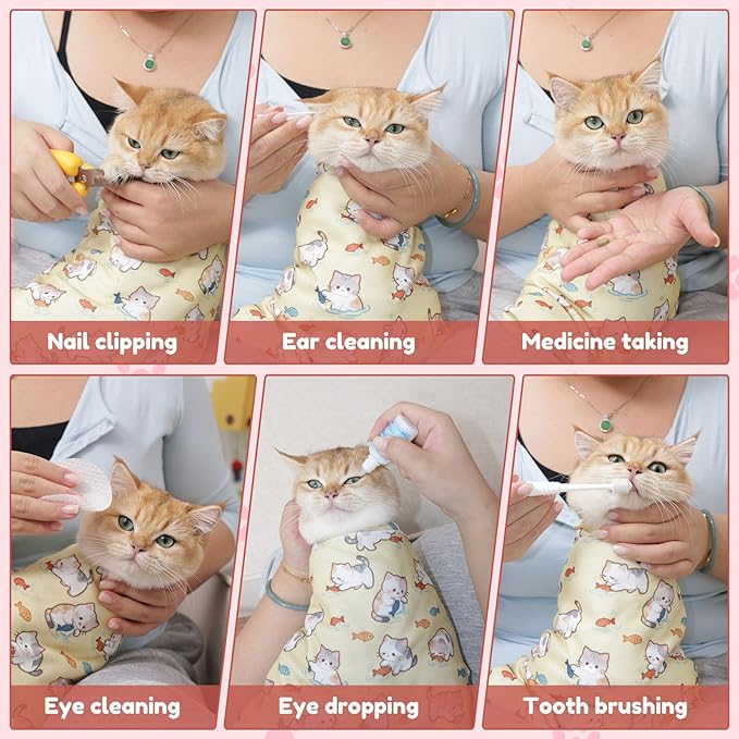 25.6" Cat Grooming Wrap,cat wrap for Cutting Nails,Self-Adhesive cat Swaddle wrap cat Restraint cat wrap Blanket for Medicine, Nail Clipping, Teeth Brushing,Yellow Kitten(Within 10lbs)