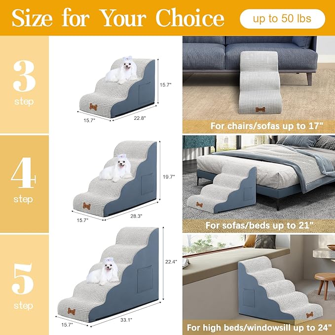 POCBLUE Dog Stairs for Small Dogs 15.7" H, Wide Pet Step for Couch/Sofas/Chairs, Curved Pet Ramps for Small Dogs & Cats with High-Density Foam and Washable Cover, 3-Step, Grey