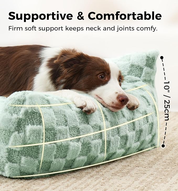 Made4Pets Cat and Dog Indoor Couch Bed, Soft Faux Fur Checkered Pet Sofa, Cozy Fluffy Pet Sofa with Supportive Foam, Removable Washable Cover with Non-Slip Base, Sage Green, Medium