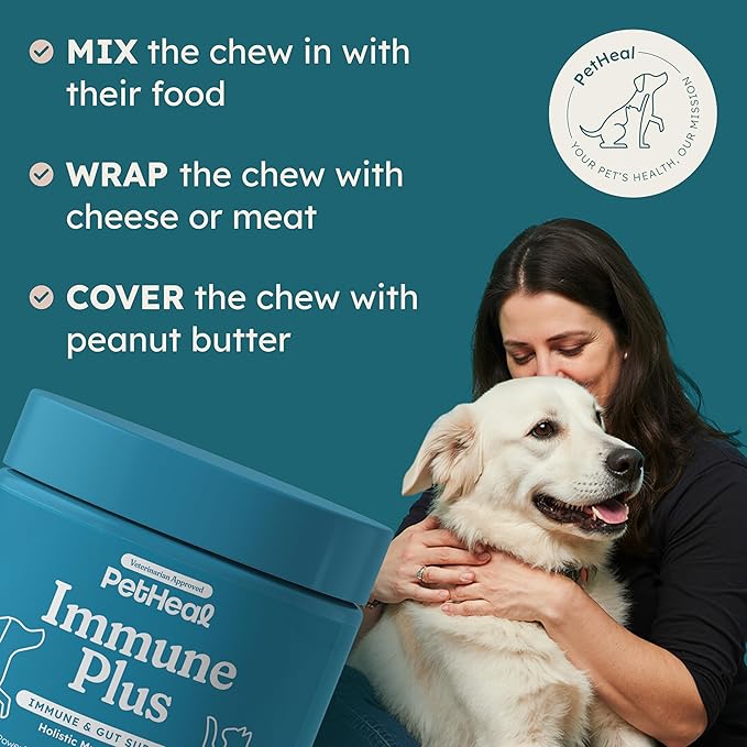 PetHeal Immune Plus Chews for Dogs - Vet-Reviewed - Supports Immunity, Energy & Liver Health with Turkey Tail, Reishi & Milk Thistle | Reduces Lumps & Promotes Shiny Coat | 30 Pork-Flavored Soft Chews