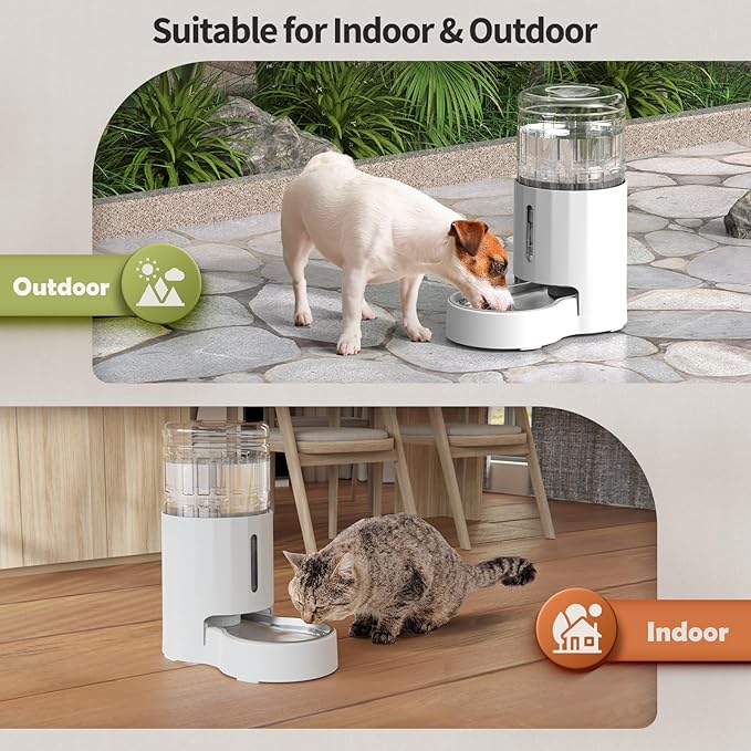 Cat Water Dispenser with Stainless Steel Bowl, Automatic Gravity Water Dispenser for Cats or Small Medium Size Dogs, Large Capacity, Easy to Clean and Safe for Pets (4L White)