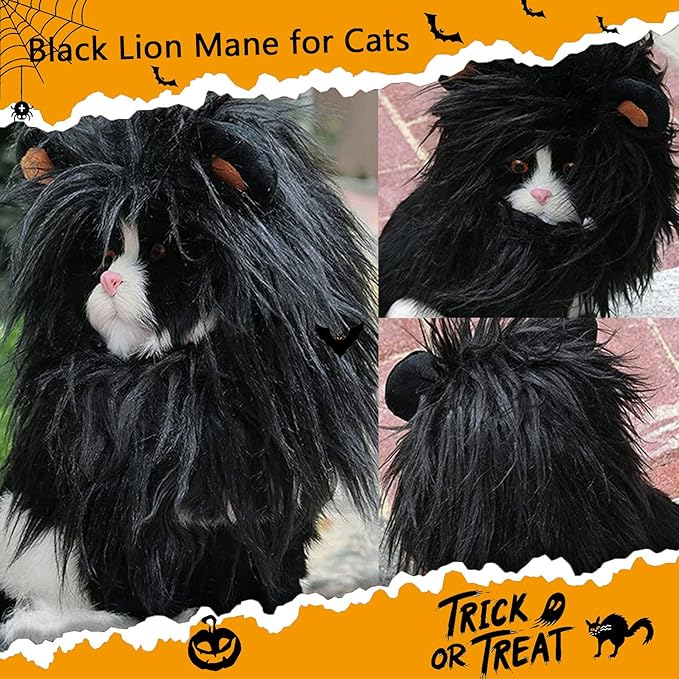 Cat Halloween Costumes- Black Lion Mane Wig Pet Costumes Hat for Halloween Christmas Dress Up Accessories Decoration for Kitten Cats,Size M