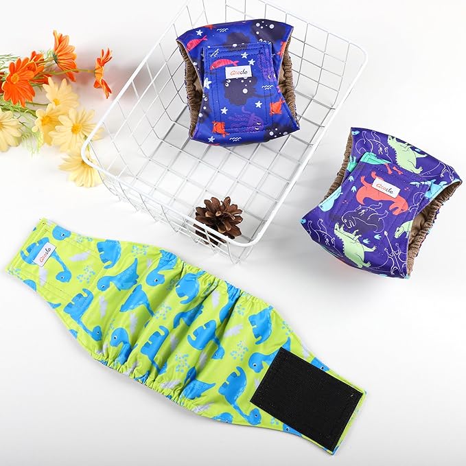 5 Pack Dog Diapers Male Reusable, Premium Belly Bands for Male Dogs, High Absorbing Male Dog Pee Wraps for Doggie in Incontinence or Excitable Urination and Training Dinosaur L