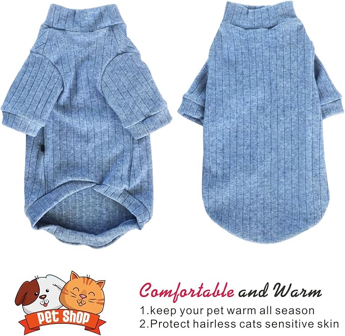 Idepet Sphynx Hairless Cats Sweater Shirt Kitten Soft Puppy Clothes Pullover Cute Cat Pajamas Jumpsuit Cotton Apparel Pet Winter Turtleneck for Cats and Teacup Chihuahua Small Dogs(Blue,M)
