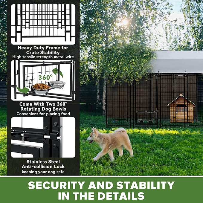 Oranland 6x4x6FT Outdoor Dog Kennel, Heavy Duty Welded Wire Steel Dog kennels with Secure Lock for Outside, Dog Pen with Waterproof Roof Cover and 2 Rotating Dog Bowls