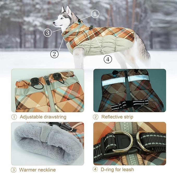 Lelepet Warm Dog Winter Coat Dog Coats for Large Dogs Waterproof Dogs Jacket with Harness Built in Reflective Cold Weather Coats Windproof Zip-Up Winter Fleece Vest Snowsuit Boxer Brown Plaid XL