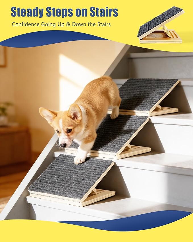 Wooden Dog Ramp for Stairs, 3 Pack Foldable Anti-Slip Pet Steps for Small Dogs, Low-Angle Stair Ramp for Senior, Short-Legged, Injured & Recovery Pets