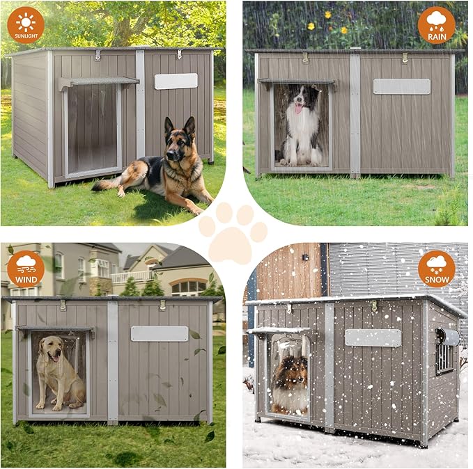 55"L Dog House Outdoor Large Breed Extra XL Wooden Dog House with Weatherproof Asphalt Roof, All-Around Iron Frame, Removable Floor, Openable Top Roof, Air Vents Window for Medium to Large Dogs