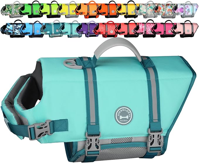 VIVAGLORY Rip Stop Dog Life Vest, Swimming Vest with Handle, Buoyancy for Doggy Puppy, Dog Life Jacket for Swimming & Boating, S, Cyan