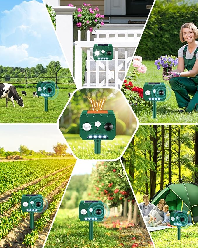 Solar Ultrasonic Animal Repellent Outdoor, 2 Pack Cat Repellent Outdoor Deer Repellent Devices with PIR Motion Sensor ＆ LED Flash, Waterproof Squirrel Repeller, Cat, Raccoons, Rabbits, Deer, Skunk