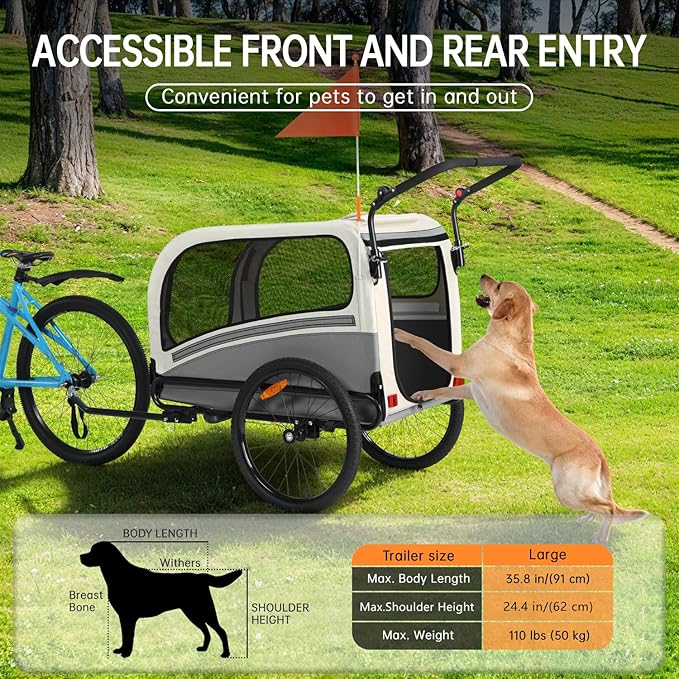Sepnine Dog Bike Trailer, Supports up to 110 lbs, 2-in-1 Pet Stroller Cart Bicycle Carrier, Easy Folding Cart Frame with Quick Release Wheels, Universal Bicycle Coupler, Non-Slip Floor, Internal Leash