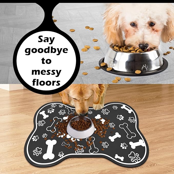 Dog Cat Food Mat,Rapid Absorbent Pet Feeding Mat, Bone Shaped Dog Placemat Water Bowl Mat with Rubber Backing,No Stains Dog Cat Food Mats Indoor, Pet Accessories Supplies 23"x36" Black