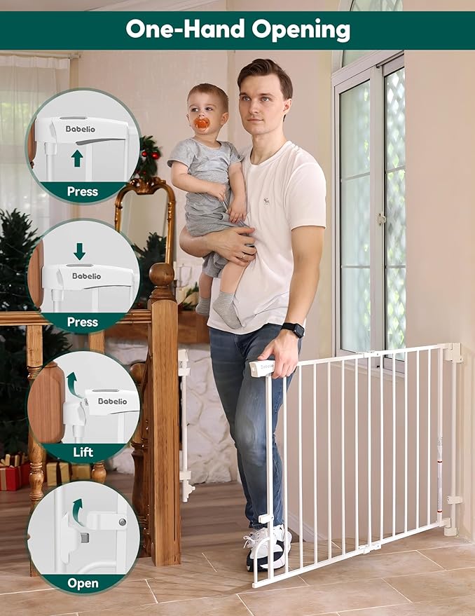 Babelio Removable & No Bottom Bar Baby Gate, 29-43" Hardware Mounted (Drill Needed)| Wide Walk-Thru| Auto-Close Safety Dog/Pet Gate for Stairs & Doorways (White, 29-43" W, 30" H)