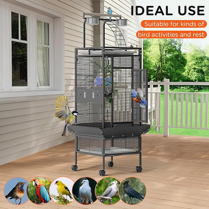 Large Bird Cage 60-inch Playtop Metal Bird Cages with Rolling Stands, Feed Bowls for Parakeets, Conures, Parrot Cage for Medium Large Parrot Cage with Slide-Out Tray Seed Guard, Black