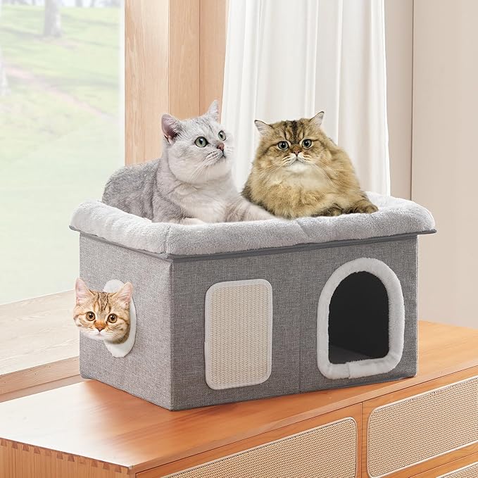 WINDRACING Cat Beds for Indoor Cats - Extra Wide Cat House for Pet and Foldable Cat Cave Bed with Scratch Pad, Cat Hideaway Condo for Kitten, 24.4x16.9x14.2 inches, Light Grey