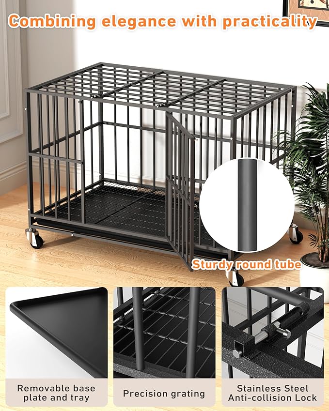 38 inch Heavy Duty Dog Crate with Dual Doors and Lockable Wheels, Large Dog Kennel Indoor, Removable Tray for Easy Cleaning, Dog Cage for Medium to Large Breeds and Anxious Dogs