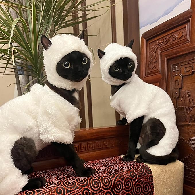 Warm Fleece Lined Winter Clothing for Sphynx & Devon Rex Cats | Soft Faux Lamb Wool | Cozy and Comfortable (Sheep Costume,S 1-2 kg.)