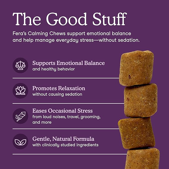 Fera Pets Dog Calming Chews - Helps Manage Everyday Stress & Separation - Promotes Relaxation - Ashwagandha & Priome® Mental Wellbeing Postbiotic Blend - 30 Soft Chews