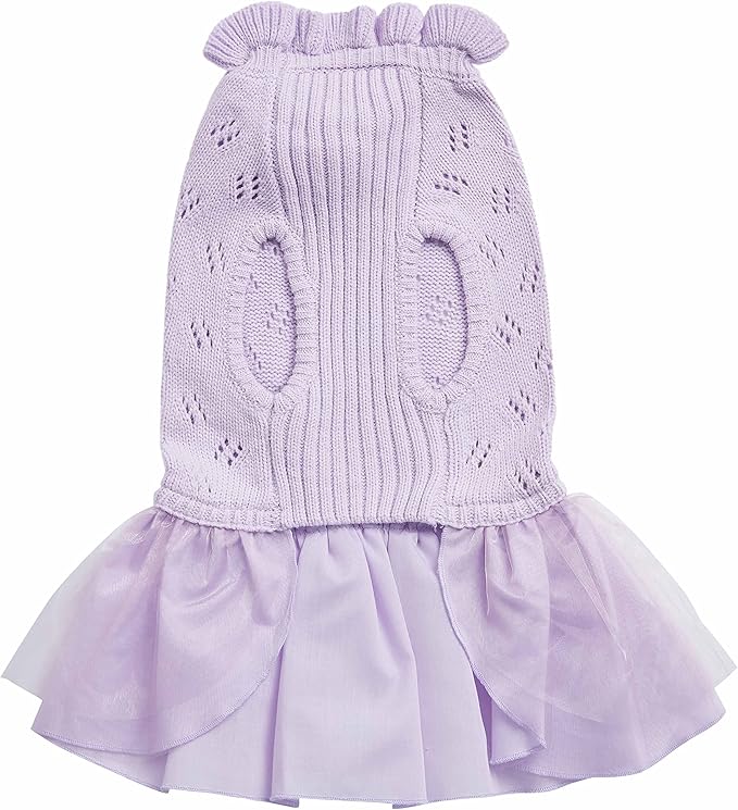 Blueberry Pet My Cutie Princess Ruffle Collar Dog Sweater Dress with Layered Tulle, Light Lavender, Back Length 16", Fall Winter Clothes for Girl Dogs