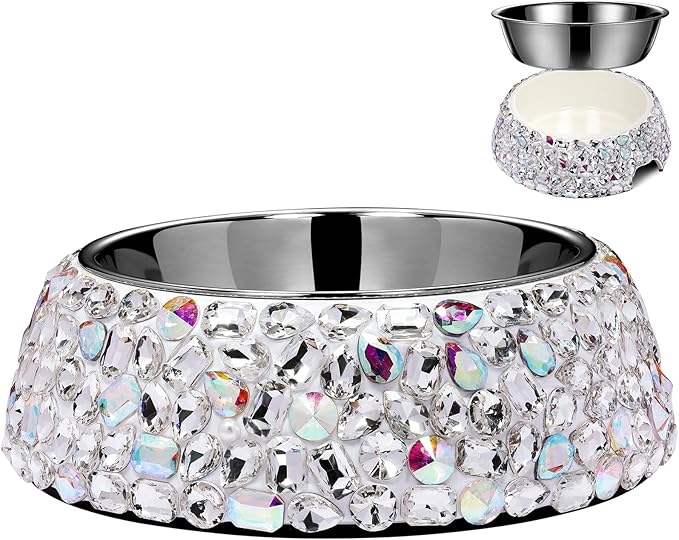 SlowVibes Diamond Stainless Steel Dog Bowls,Bling 7oz Detachable Metal Food Water Bowl for Feeding Dogs Cats,Rust Resistant Non-Slip Puppy Dish,Sparkle Essentials Fancy Dish for Small Girl Pets