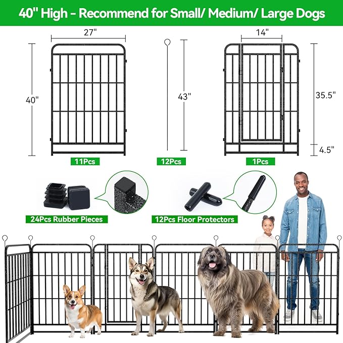 Heavy Duty Dog Playpen: 12 Steel Panels 40" Height, Square Steel Pipe with Reinforced Crossbars, 27FT 57 Sq.ft Portable Fence for Yard RV Camping, Snowy Black