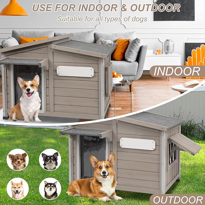 34" L Outdoor Dog House with Removable Floor, Raised Feet, Anti-Chewing Iron Frame – Weatherproof Wooden Kennel with Roof, Movable Window for Indoor/Outdoor Use, Ideal for Small to Medium Dogs