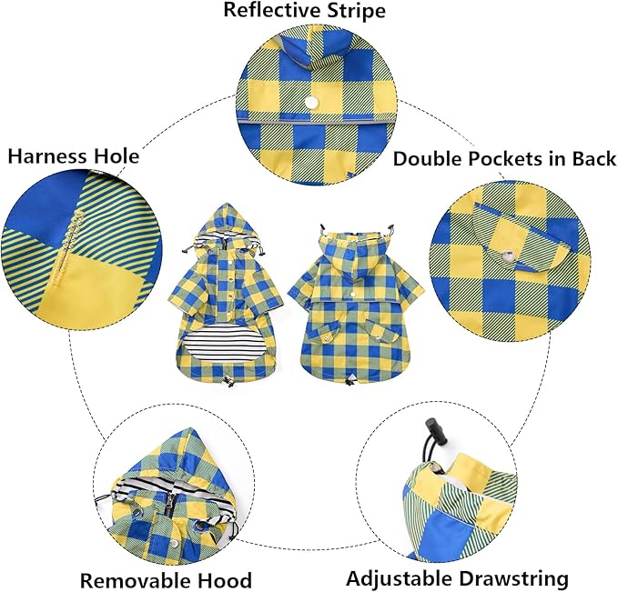 Dog rain Coat Waterproof Raincoat Puppy Jacket with Legs Buttons Zipper Hood Drawstring Fit for Yorkie Terrier Schnauzer Poodle Border Collie Labrador Golden Retriever 8lbs to 80lbs Yellow S