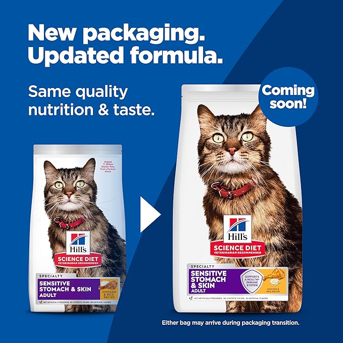 Hill's Science Diet Adult 1-6 Sensitive Stomach & Skin Dry Cat Food, Chicken & Rice, 7 lb. Bag (Updated Formula)