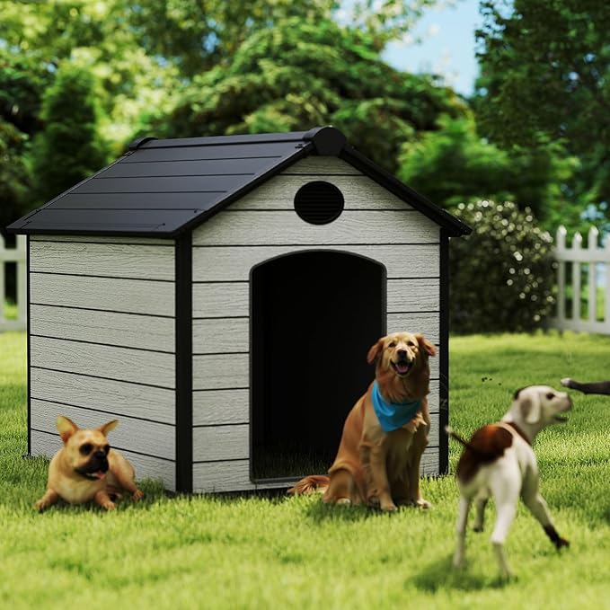 EHHLY 57" Extra Large Dog House Outdoor Weatherproof, 5XL Big Dog House for Large Dog Outside, Insulated Igloo Pet House with Elevated Floor, Extra Durable Resin Plastic, 57Lx47Wx50H, Cemented Grey