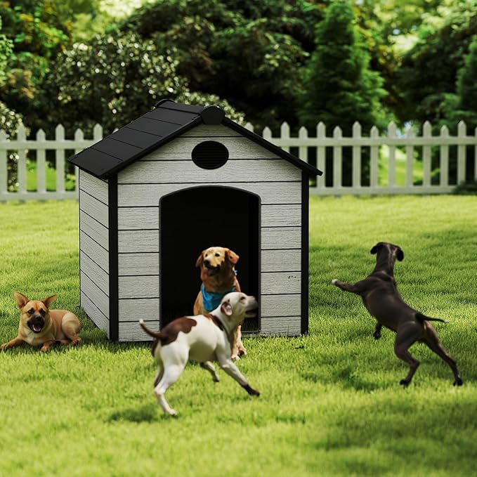 EHHLY 57" Extra Large Dog House Outdoor Weatherproof, 5XL Big Dog House for Large Dog Outside, Insulated Igloo Pet House with Elevated Floor, Extra Durable Resin Plastic, 57Lx47Wx50H, Cemented Grey