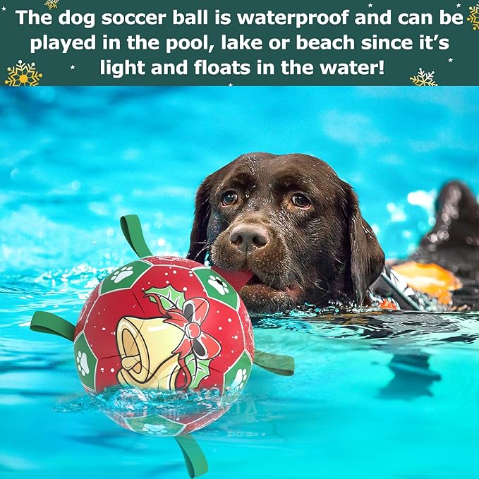 QDAN Christmas Dog Balls with Straps, Squeaky Dog Toys for Indoor Outdoor Playing, Puppy Birthday Gifts, Pet Toy Ball, Durable Herding Balls for Dogs (8 Inch)