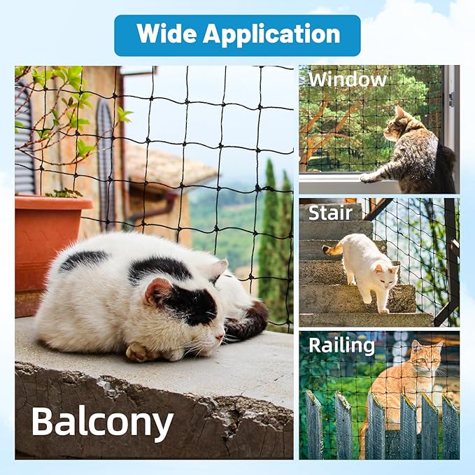 Lewondr Cat Netting Balcony, 10x13ft Steel Wire Reinforced Balcony Screen for Pets, Anti-Fall Pet Mesh Fence Cat Safety Net for Balcony, Window, Stair, Patio