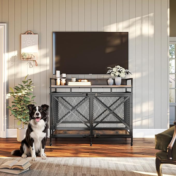 48 Inch Extra Large Furniture Dog Crate | COZPAW Heavy Duty Wooden Indoor Dog Kennel with Caster Wheels | Decorative Pet House End Table | Caramel Brown