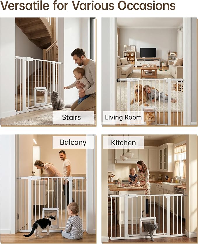 Baby Gate with Cat Door, 29.92-43.7 ” Wide Baby Gate for Stairs, Pressure Mounted Gate No Drill, Auto Close Dog Gate for Doorways, Easy Walk Through Safety Gates with Pet Door, Indoor, White