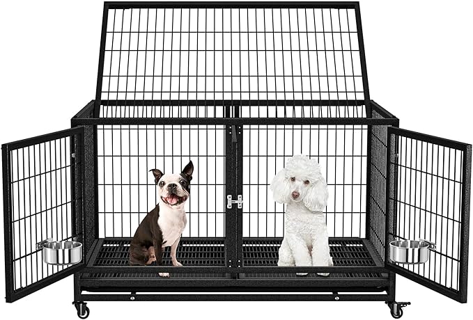 43 inch Heavy Duty Dog Crate for Large Dogs, Stackable Dog Kennels and Metal Wire Cages with Feeding Bowls, Leak-Proof Pans, Removable Wire Trays and Divider, Extra Large XL XXL