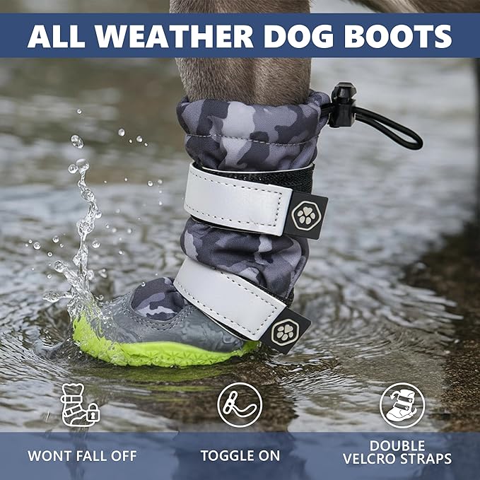 Spark Paws Dog Shoes, Waterproof Dog Boots for Medium to Large Dogs, Non Slip, Breathable Dog Booties and Paw Protectors - 4PCS Doggie Hiking Boots with Reflective Straps, Gray Camo, Size 4